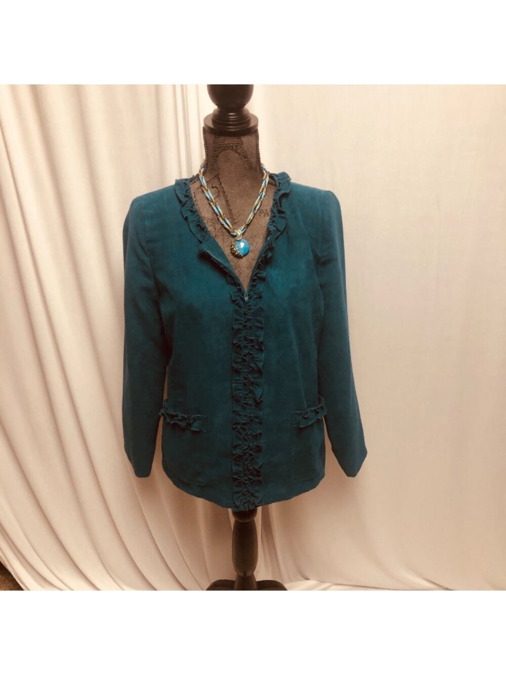 Susan Graver Jacket Womens Size Small Teal Green Zippered Ruffle Collar Blazer